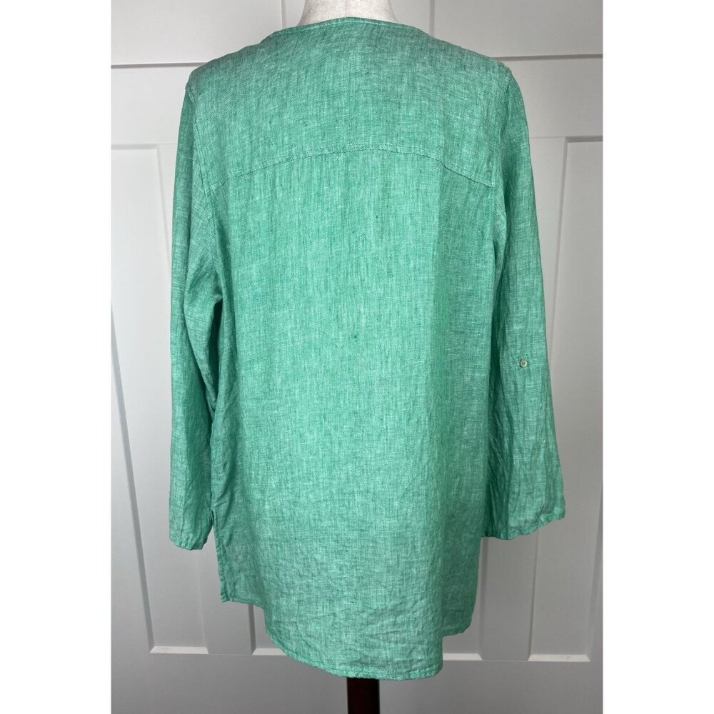 Tahari 100% Linen Tunic Top 1X Green Button Front Roll Tab Sleeve EUC - Picture 6 of 9